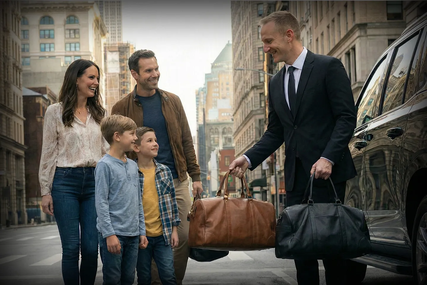 Professional chauffeur service with luxury vehicle and uniformed driver