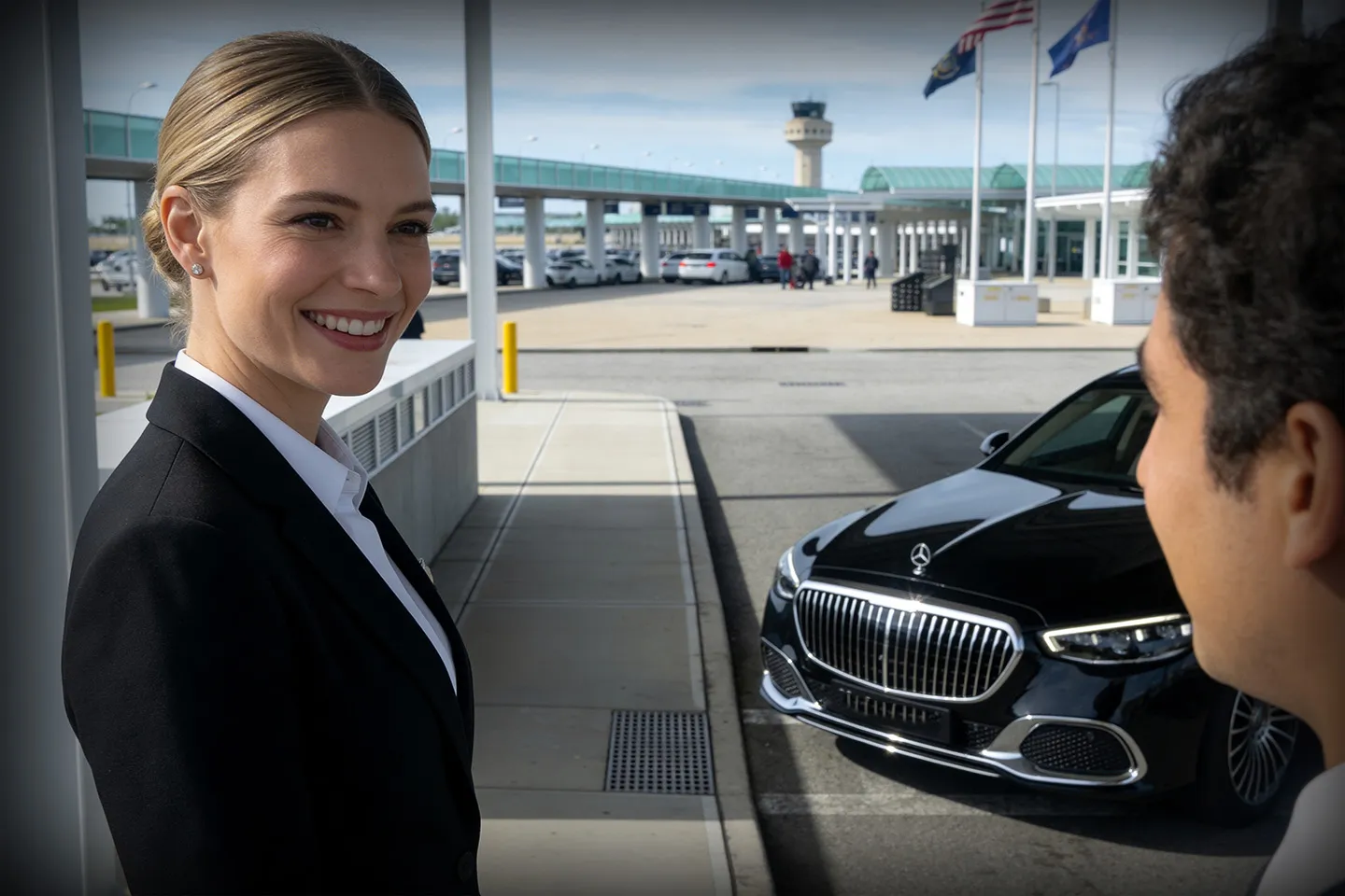 Luxury black car service for pickup and drop-off at Long Island MacArthur Airport, NY