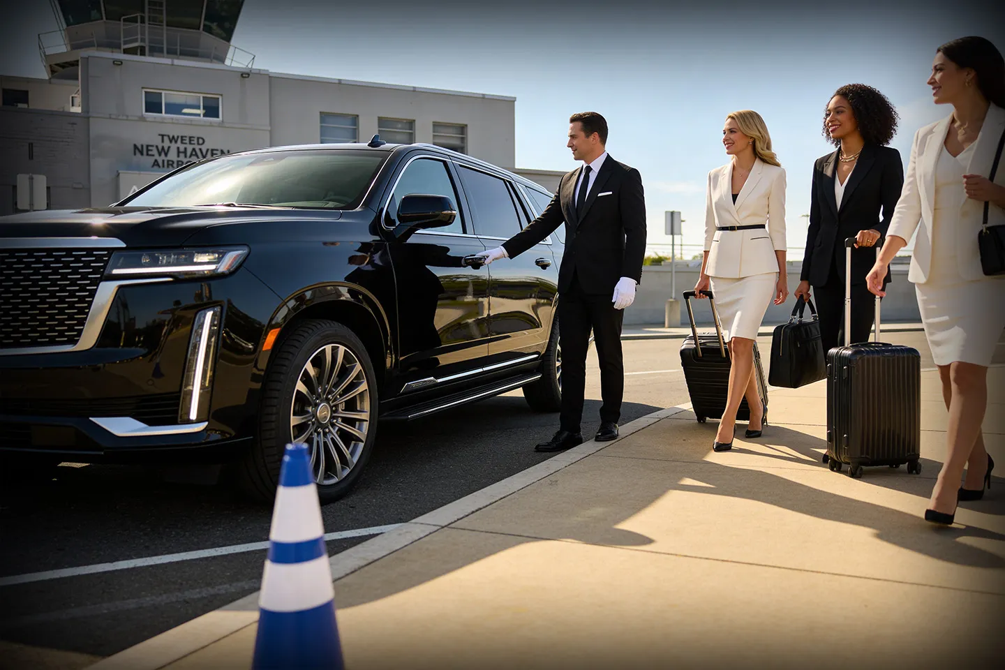 Private luxury car service providing airport transfer at Tweed New Haven Airport