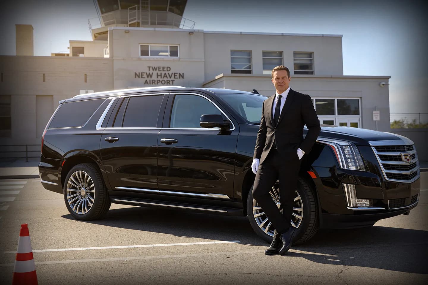 Luxury black car service for pickup and drop-off at Tweed New Haven Airport, Connecticut