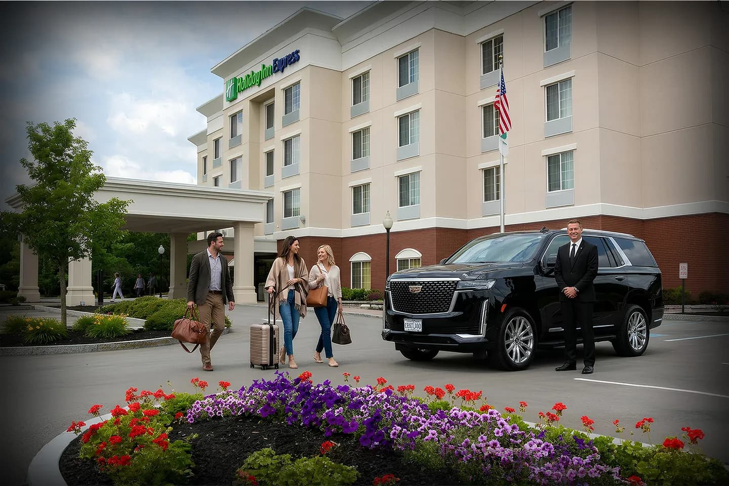 Private black car arriving for Cortland chauffeur service pickup