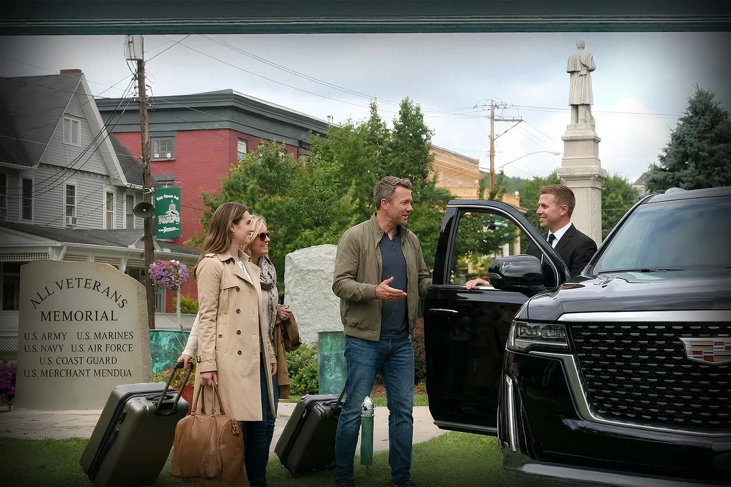 Greene NY Chauffeur Service luxury sedan parked near downtown Greene for private transportation