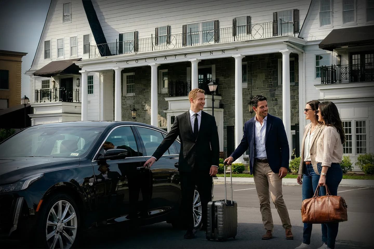 Hamilton, NY Chauffeur Service luxury black sedan parked near downtown Hamilton with professional driver