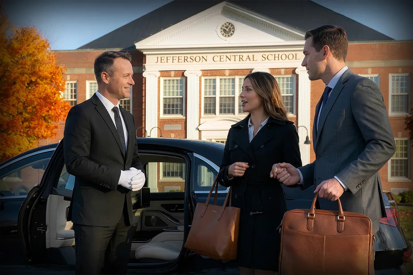 Professional chauffeur driving luxury car through Jefferson NY streets during business travel