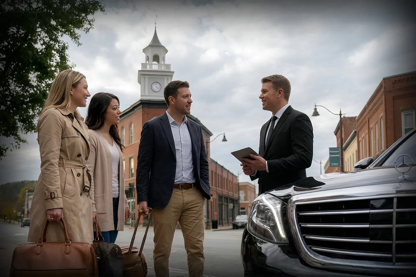 Private airport pickup Madison NY Chauffeur Service professional chauffeur assisting passenger with luggage