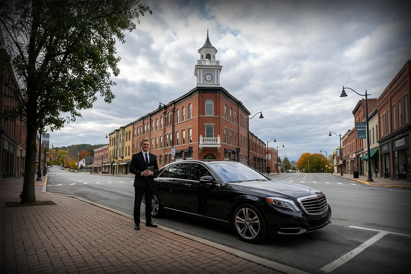 Black car airport transfer in Madison NY Chauffeur Service waiting curbside with luggage assistance