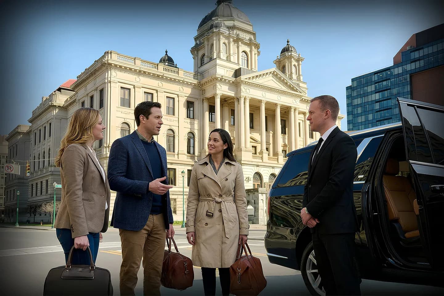 Onondaga NY chauffeur service luxury black sedan with professional driver parked near downtown area