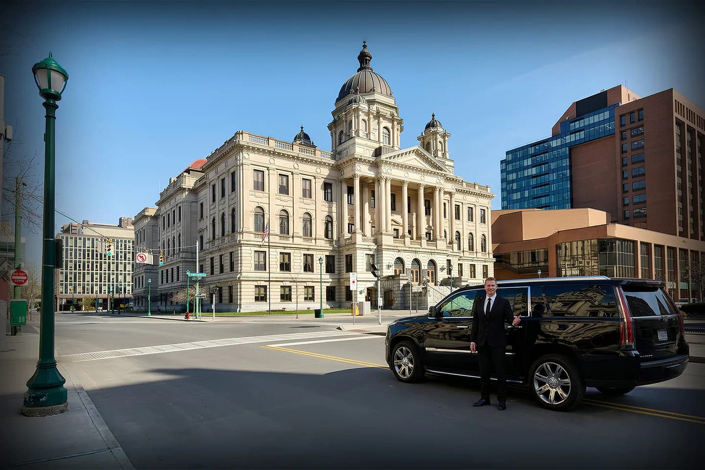 Chauffeur in uniform driving executive client through Onondaga NY in luxury vehicle