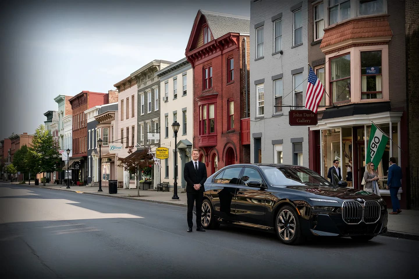 Chauffeur opening car door for client using Orange NY chauffeur service at airport terminal