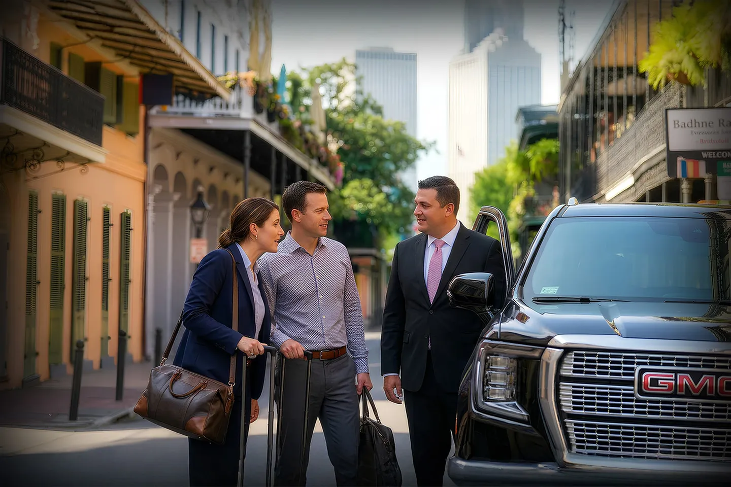 Orleans, NY Chauffeur Service luxury sedan parked outside upscale hotel with professional driver