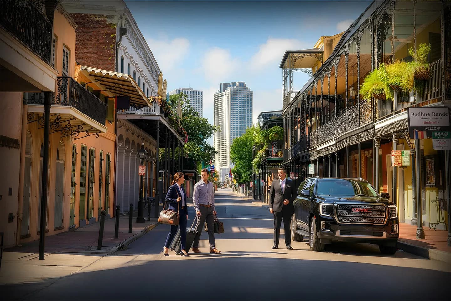 Airport pickup by Orleans NY chauffeur service with driver assisting passenger luggage