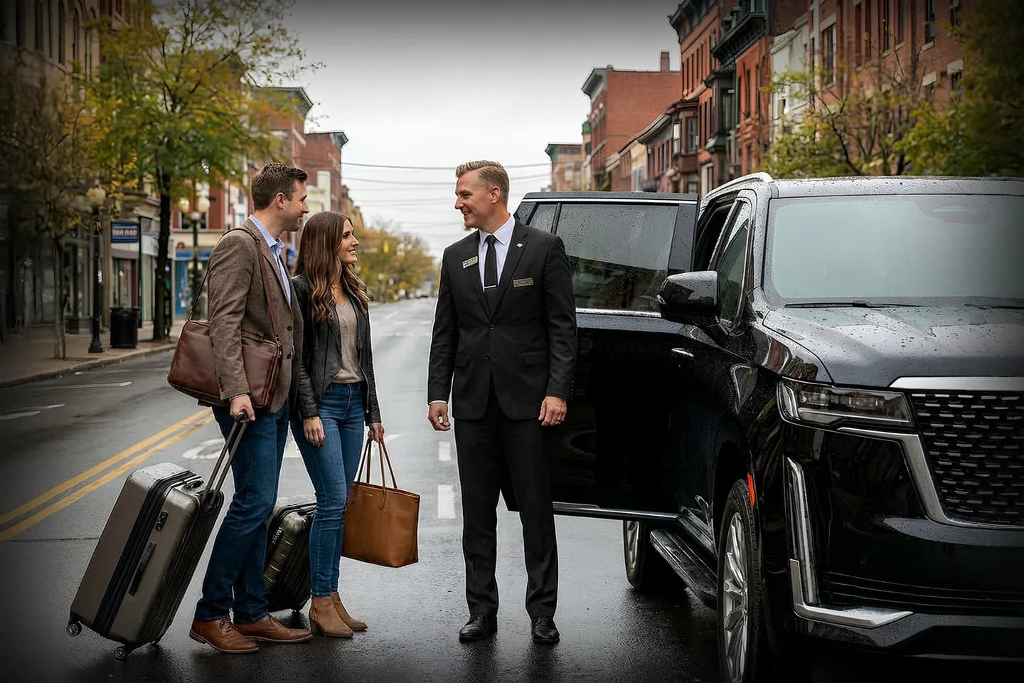 Luxury sedan from Schenectady, NY Chauffeur Service parked near downtown for executive transportation