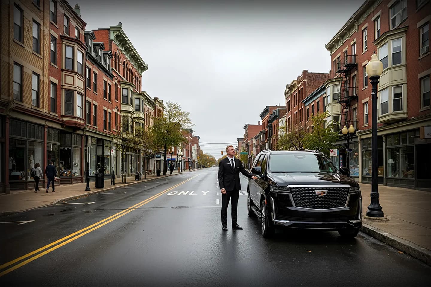Chauffeur opening door for client in Schenectady NY luxury car service downtown setting