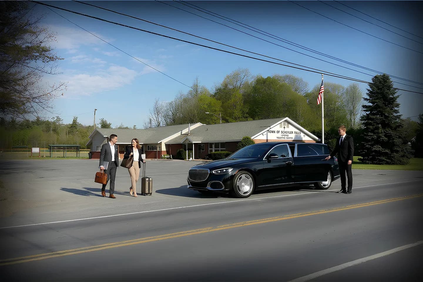 Wedding couple arriving in luxury car with Schuyler NY chauffeur service driver assistance