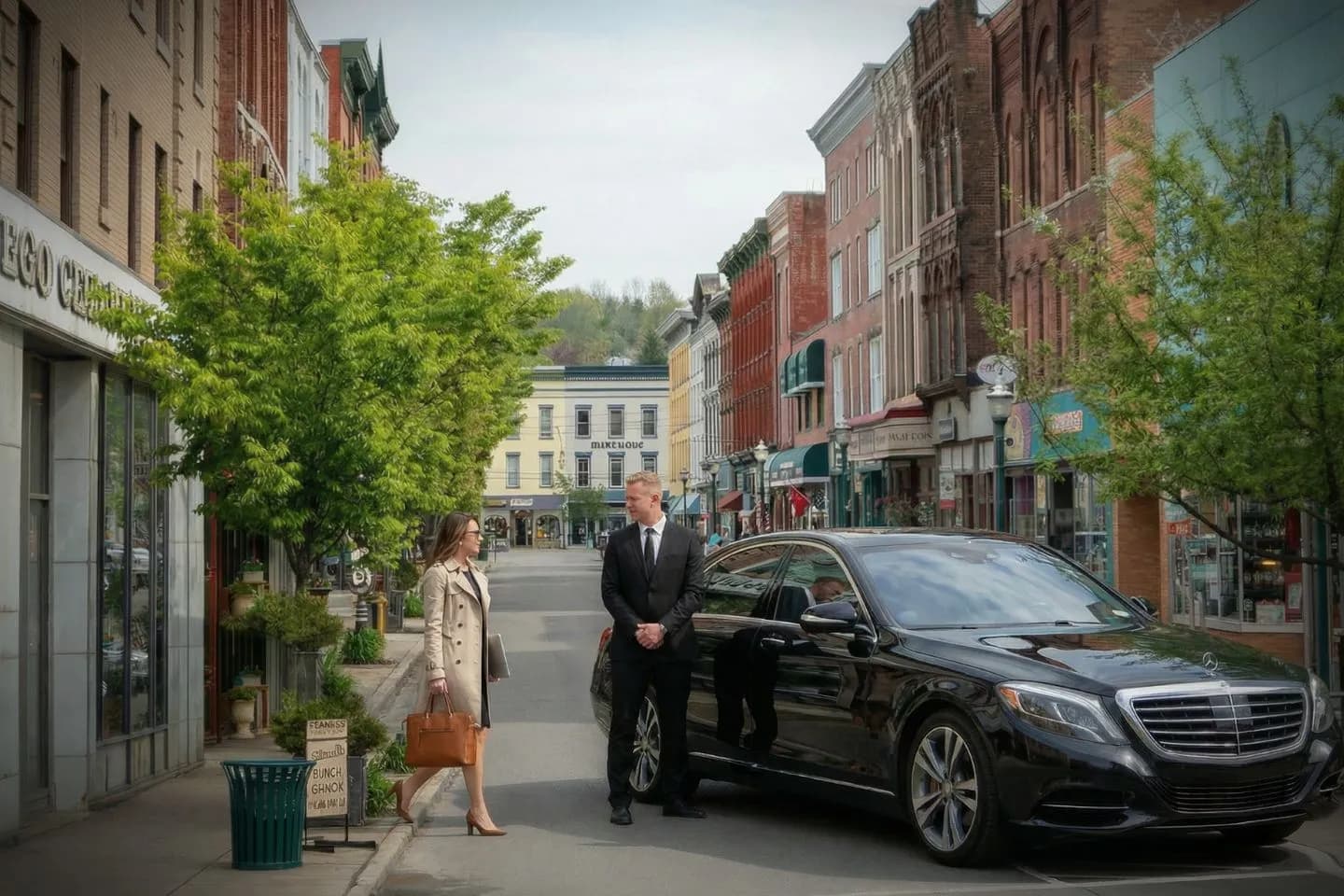 Luxury sedan arriving for Tioga, NY Chauffeur Service with professional driver assisting passenger at terminal