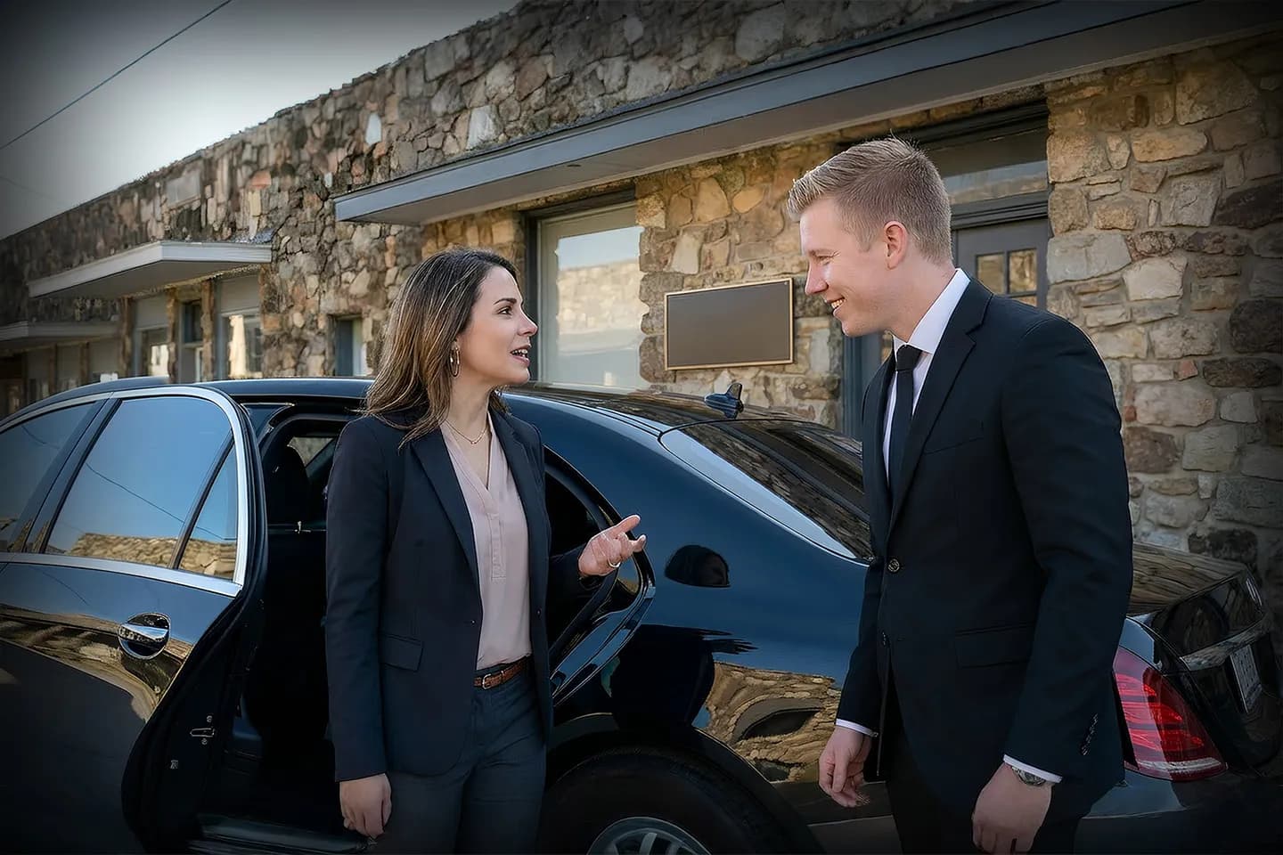 Airport transfer scene with Arkansas AR Car Service vehicle arriving at Little Rock airport