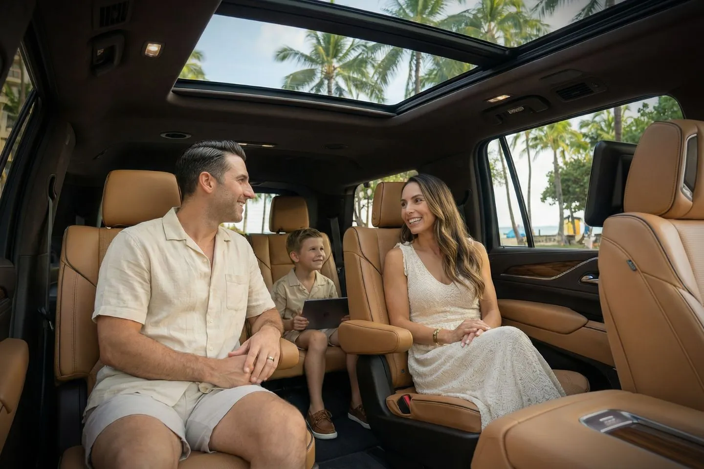 Luxury Hawaii car service vehicle parked near beachfront with professional chauffeur