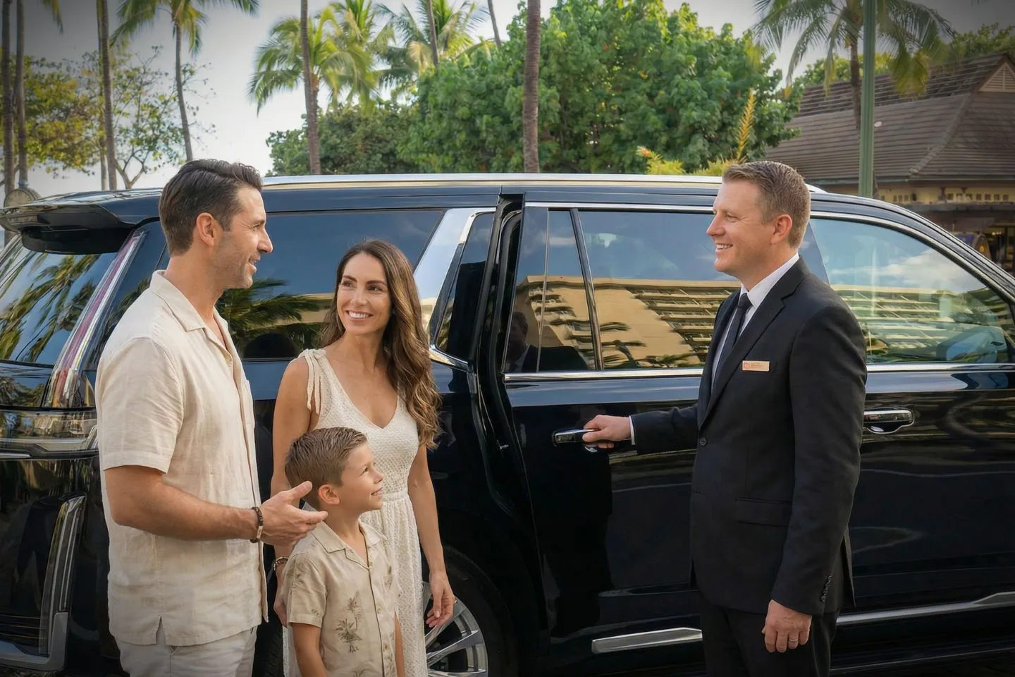 Hawaii, HI Car Service luxury sedan with chauffeur at Honolulu airport pickup area