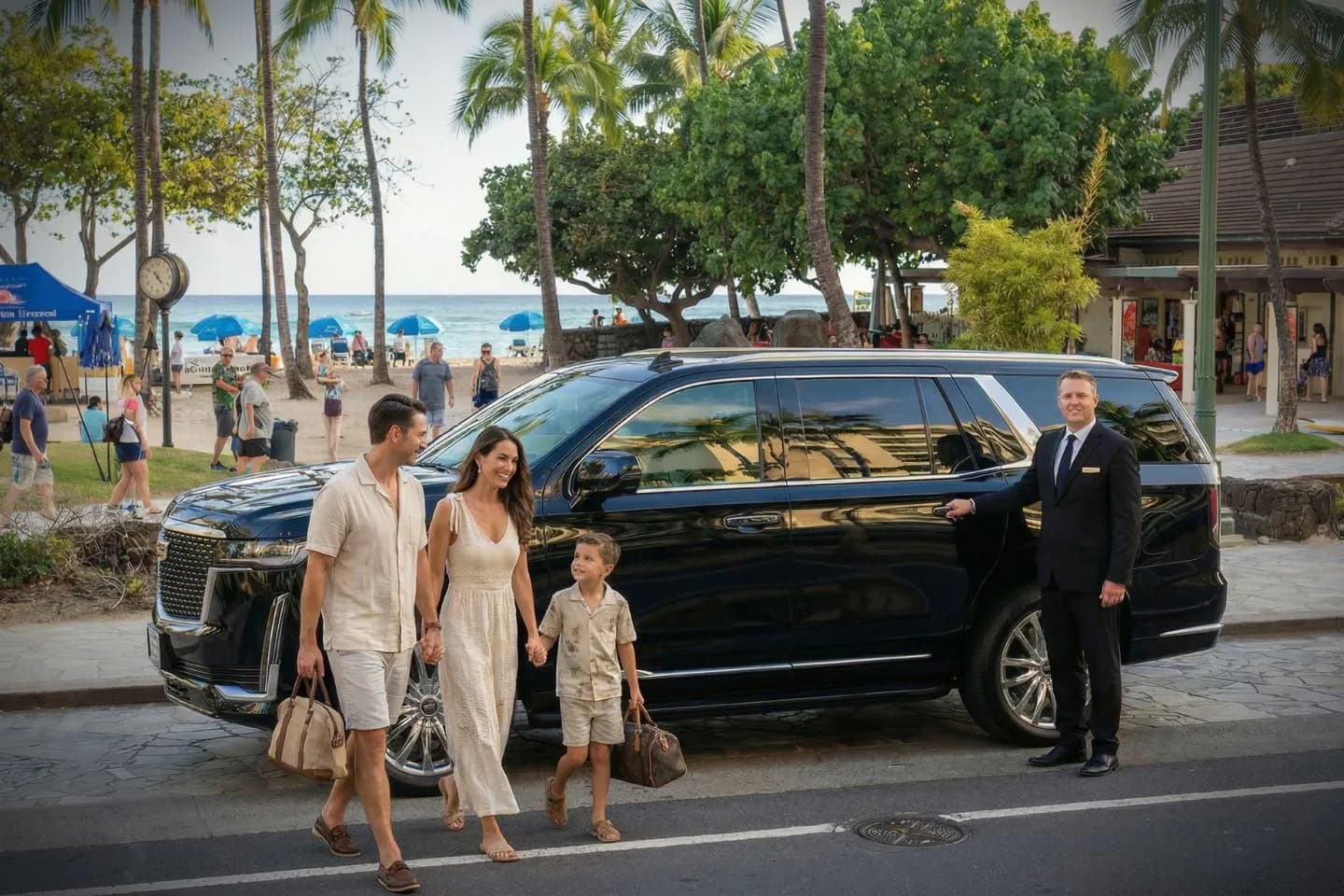 Professional chauffeur providing Hawaii, HI Car Service with black SUV near Waikiki hotels