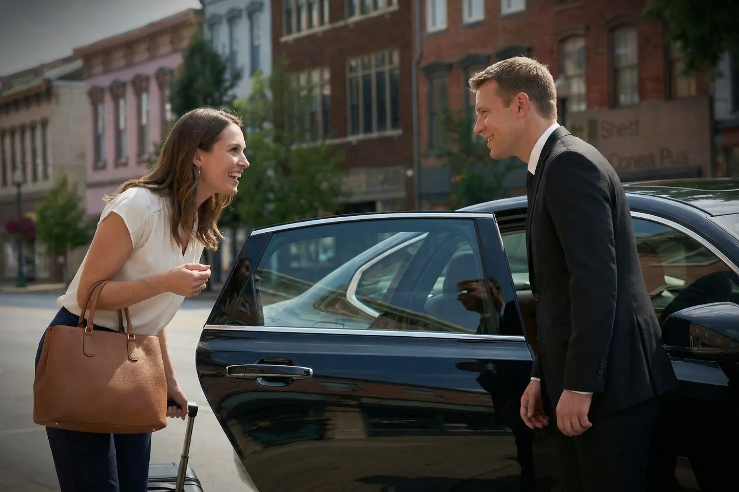 Chauffeur opening door for client using Indiana IN car service luxury vehicle in downtown area