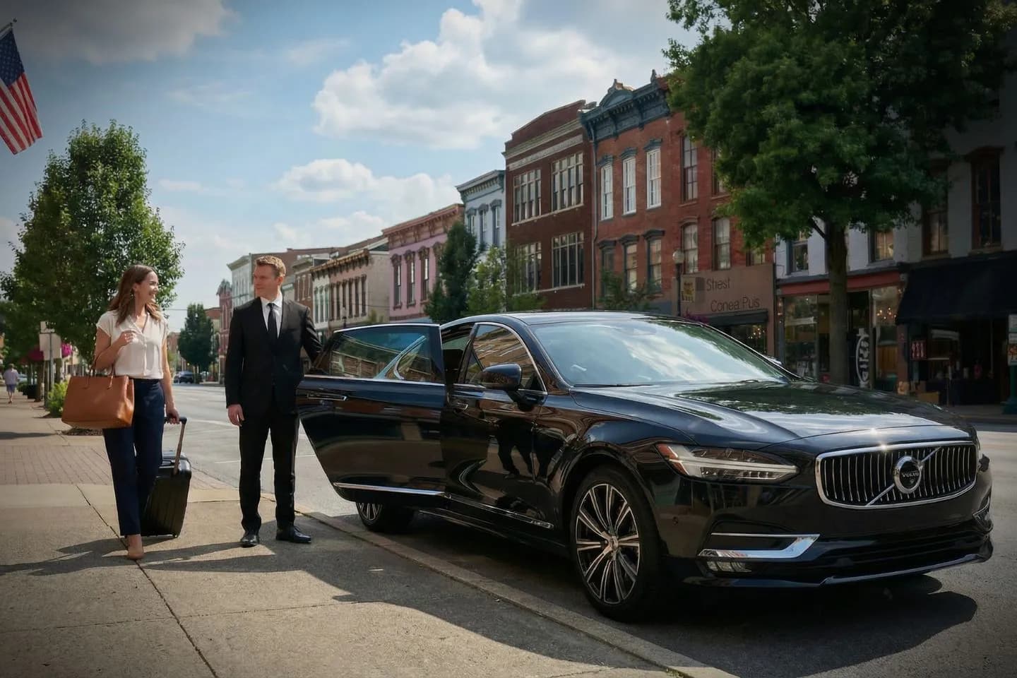 Indiana, IN Car Service luxury sedan with professional chauffeur waiting at airport terminal