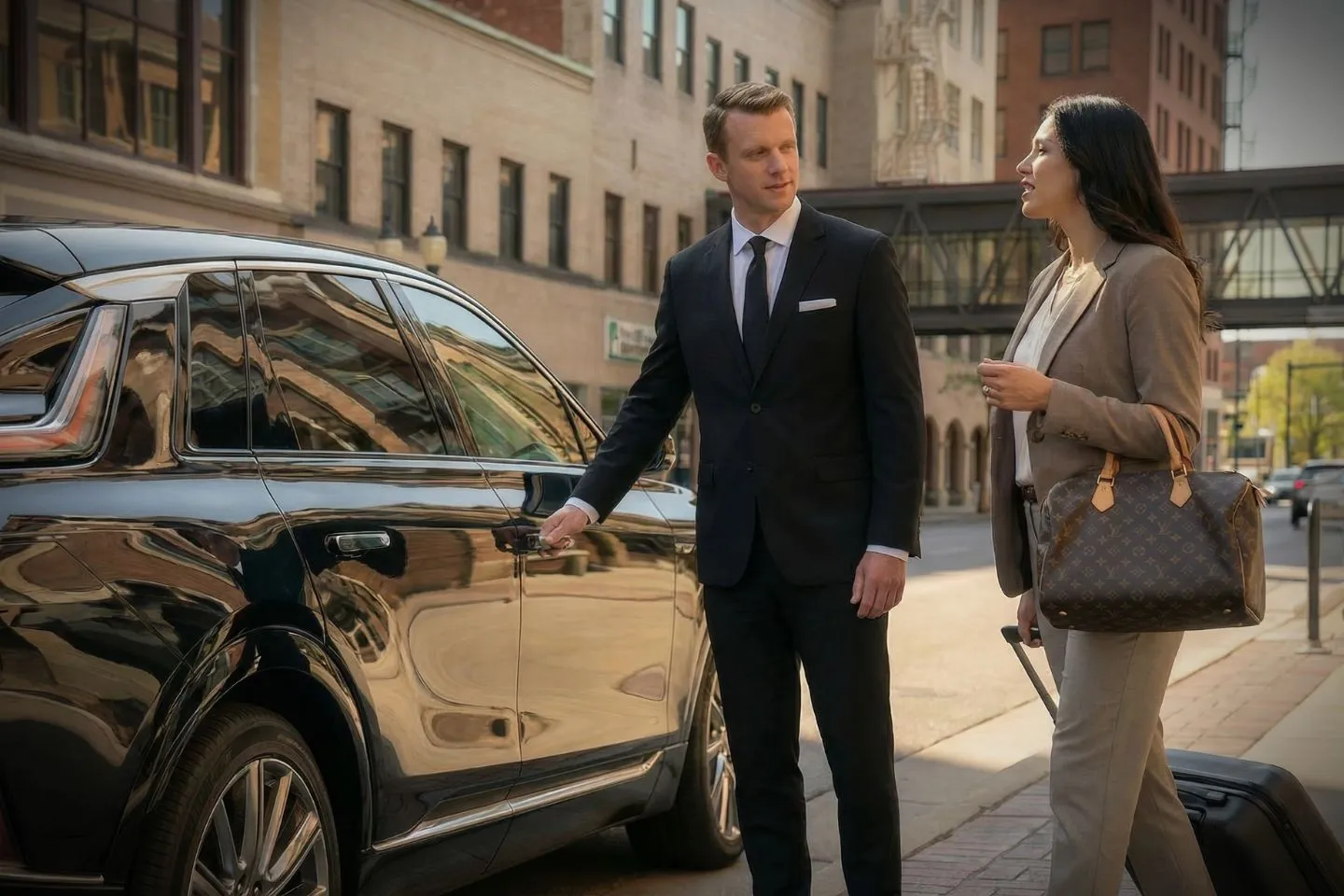 Business traveler using Iowa IA Car Service with professional driver and luxury vehicle exterior