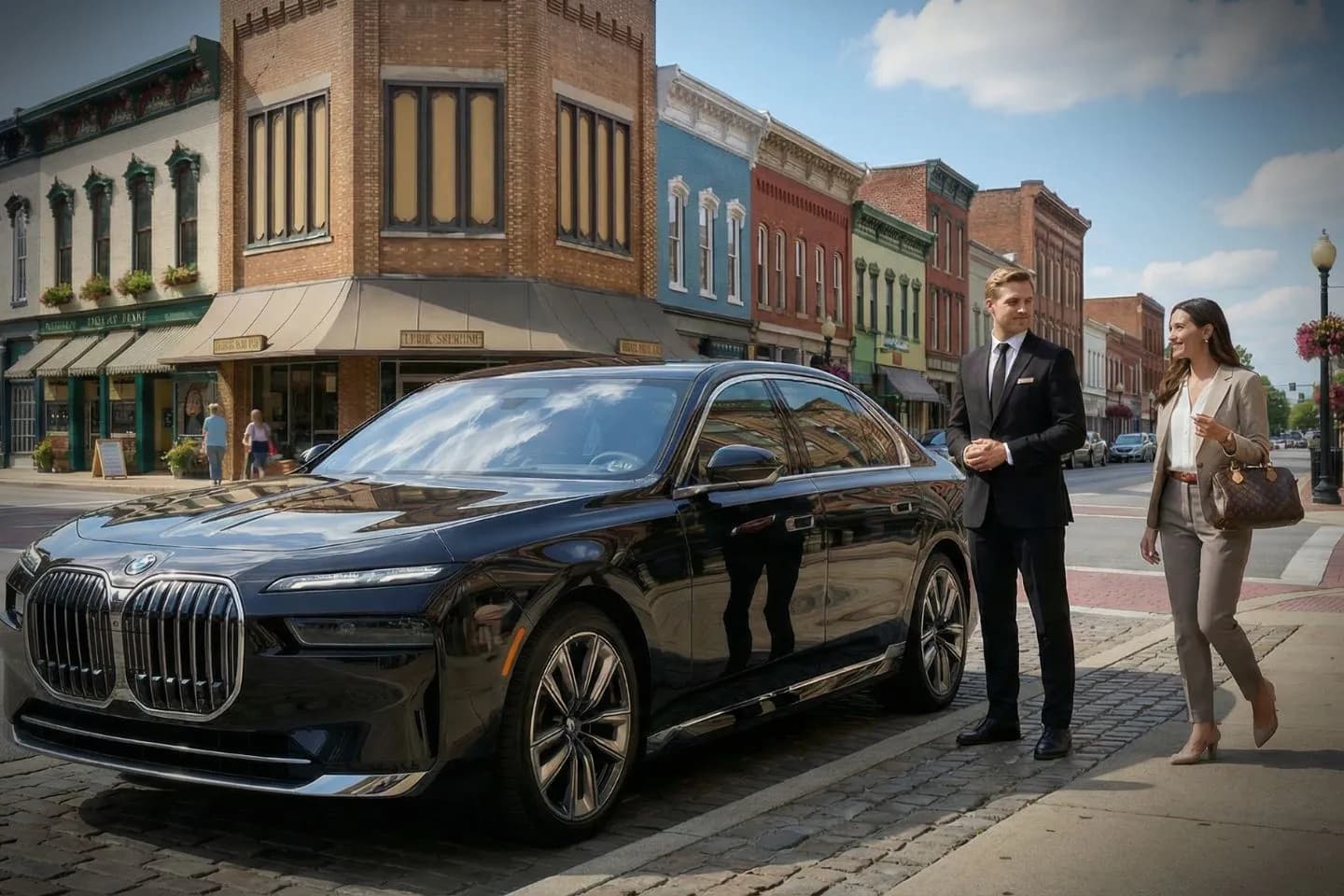 Professional Kentucky car service chauffeur driving executive client through downtown streets