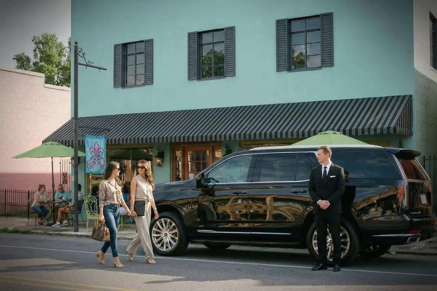 Nighttime city ride with Louisiana, LA Car Service vehicle driving through illuminated Louisiana streets