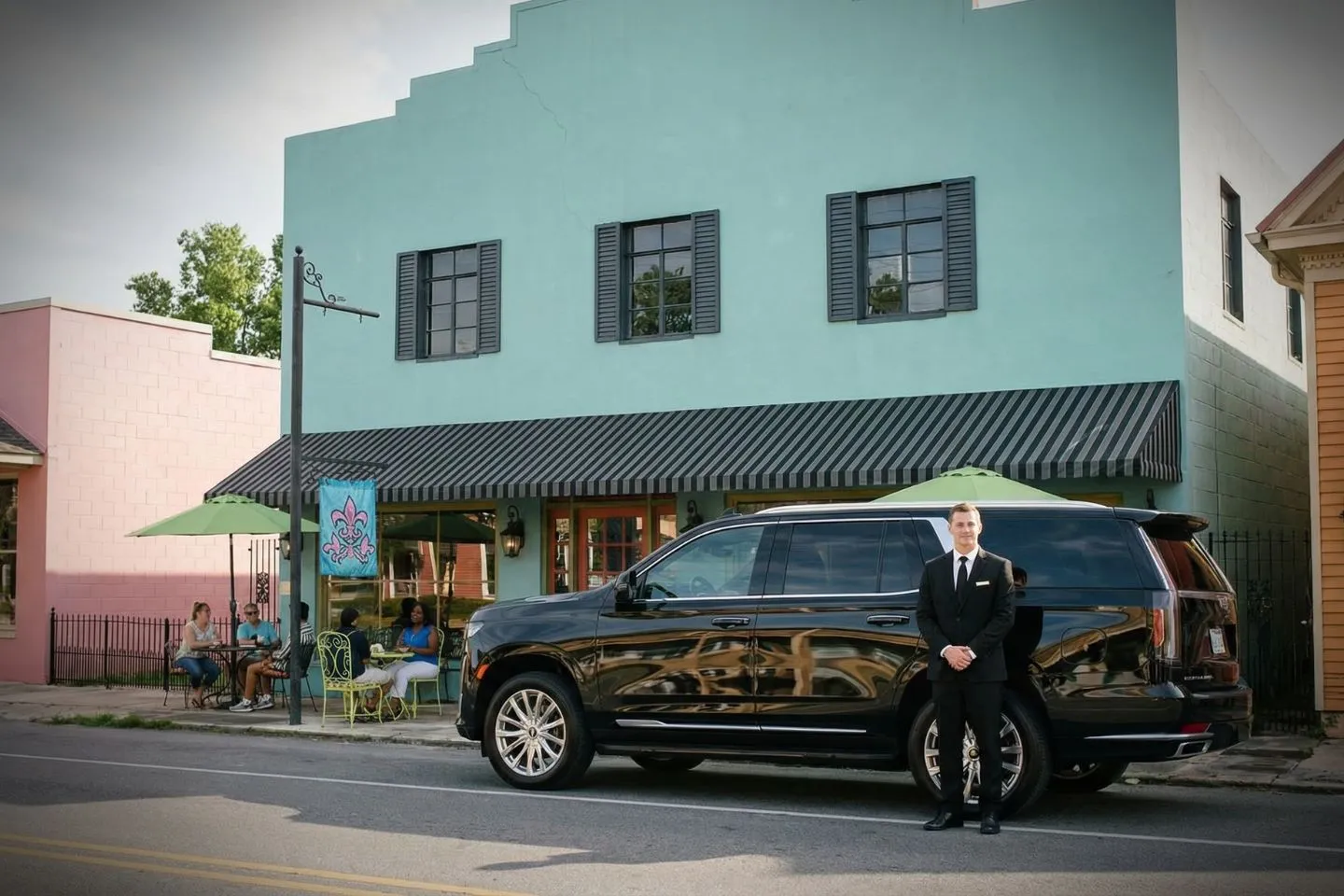 Luxury sedan from Louisiana, LA Car Service parked outside airport terminal with professional chauffeur assisting passenger