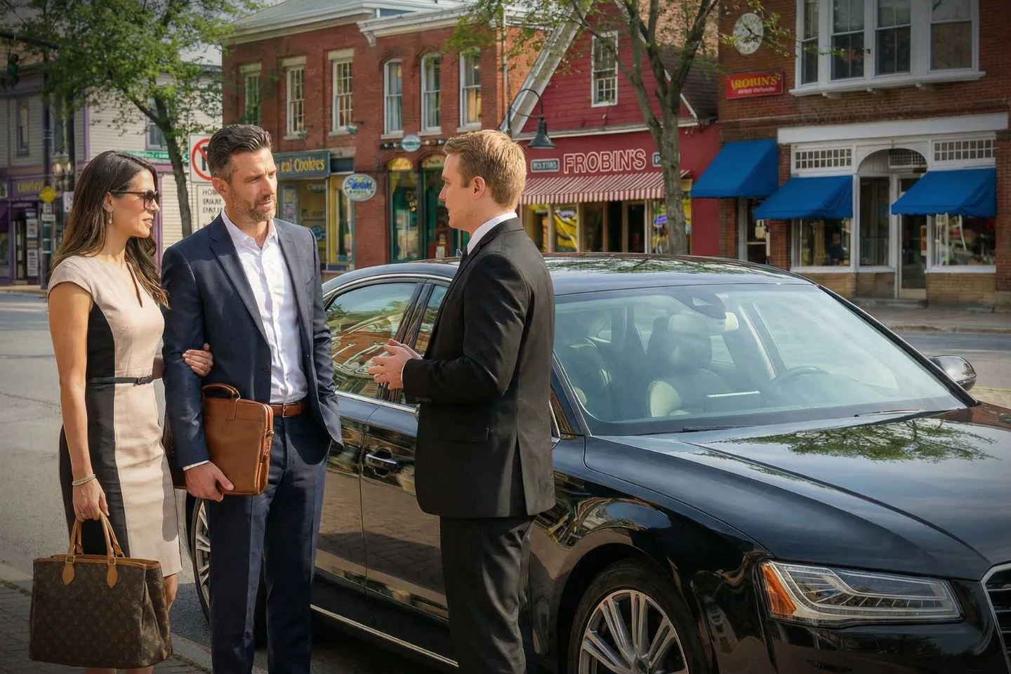 Professional driver providing Maine car service helping client into black SUV in downtown Maine setting