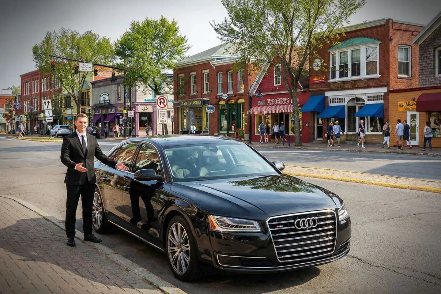 Chauffeur driven Maine car service vehicle on scenic road with client enjoying comfortable ride