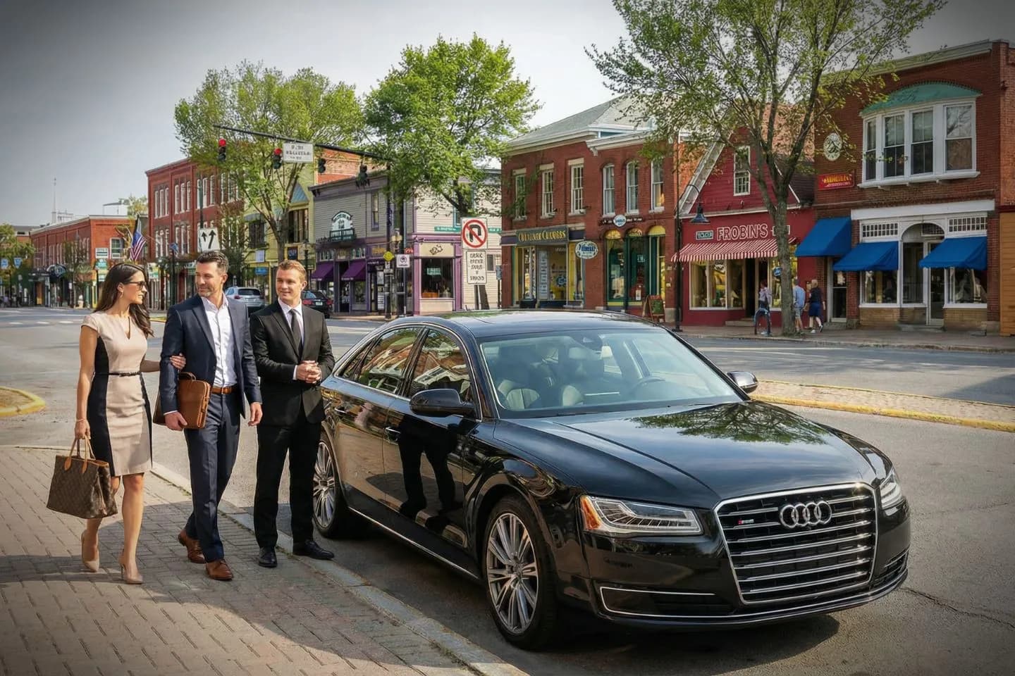 Maine, ME Car Service luxury sedan with professional chauffeur assisting passenger outside airport terminal