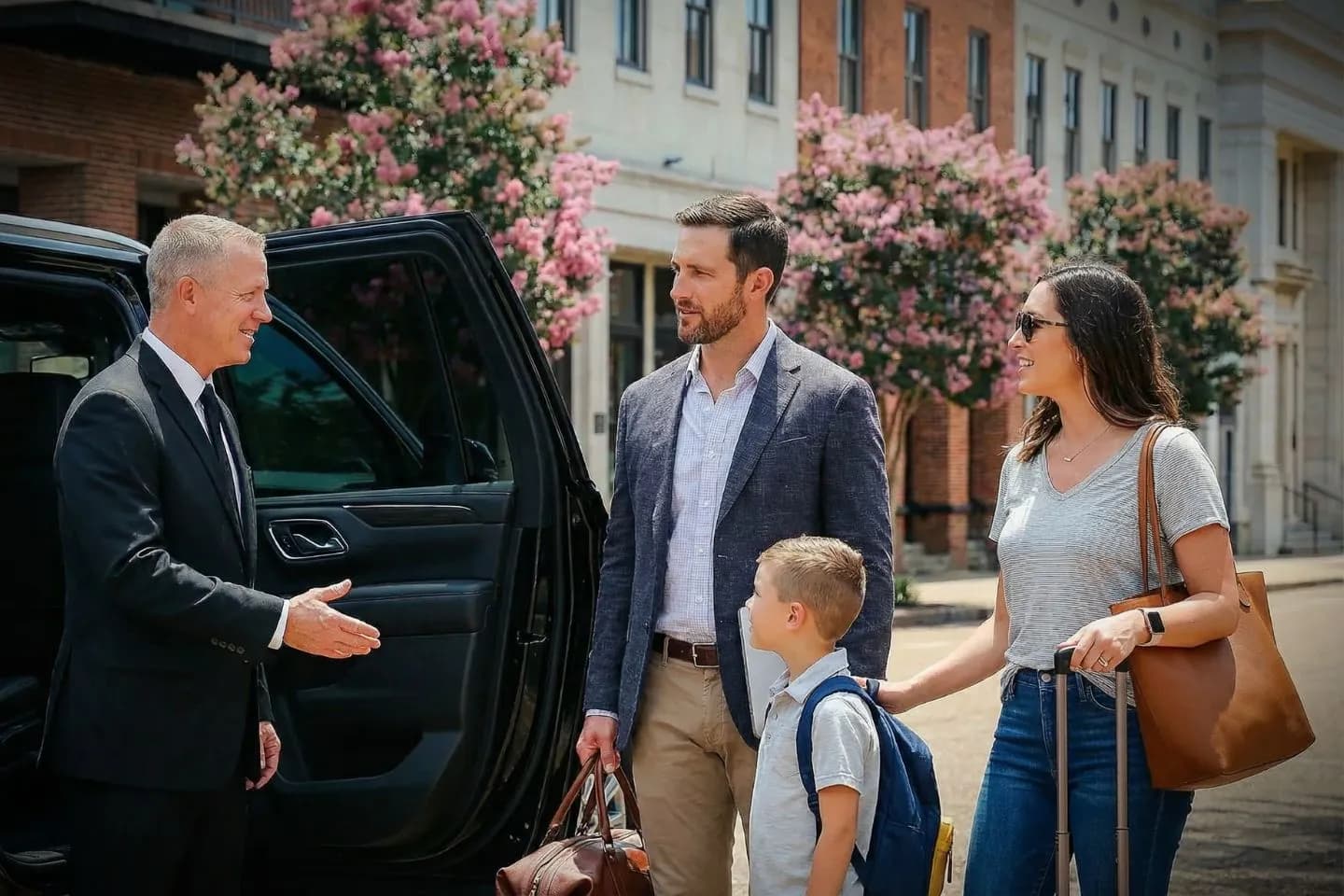 Luxury sedan with chauffeur providing Mississippi, MS Car Service in downtown area