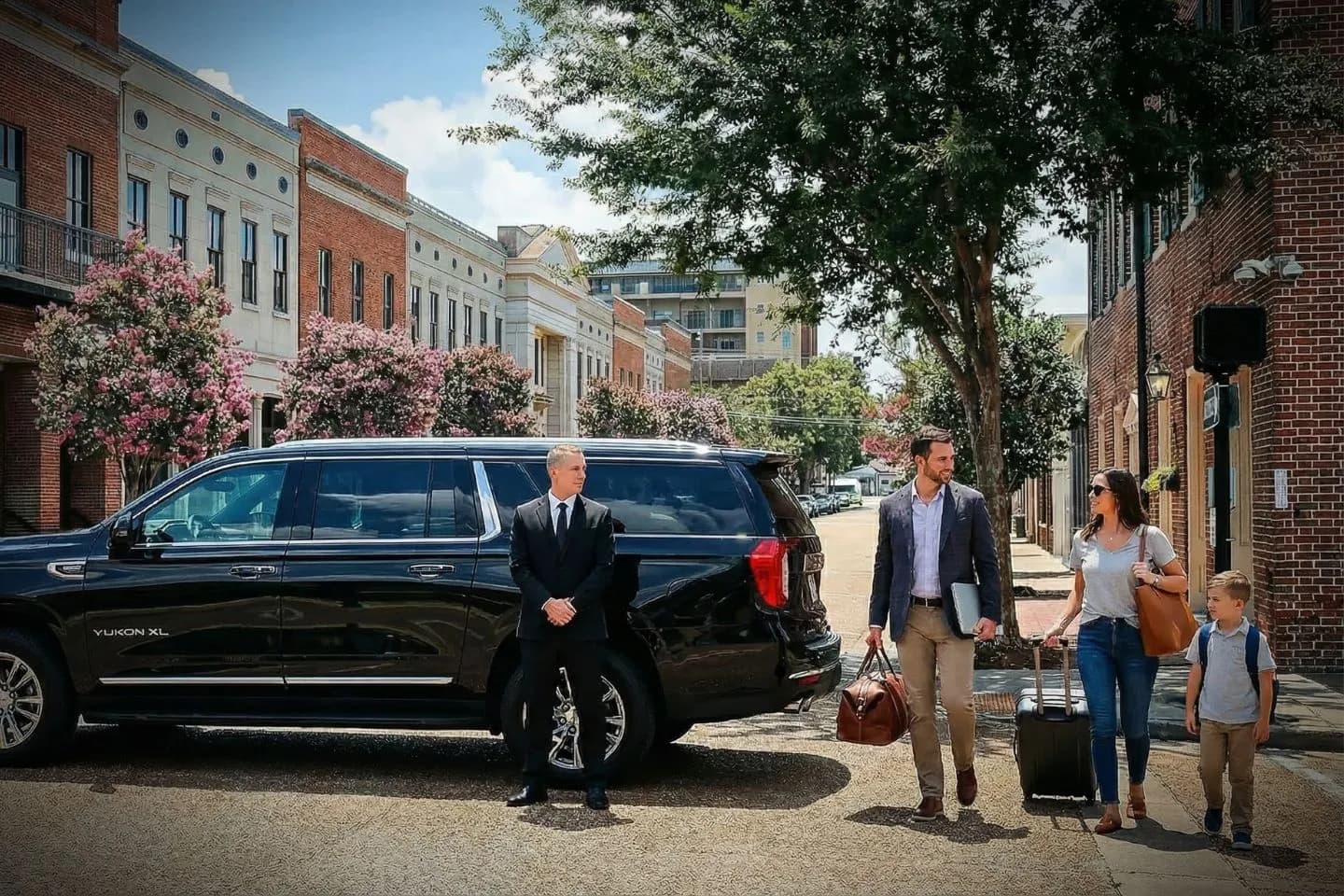 Professional driver assisting passenger during Mississippi car service airport pickup