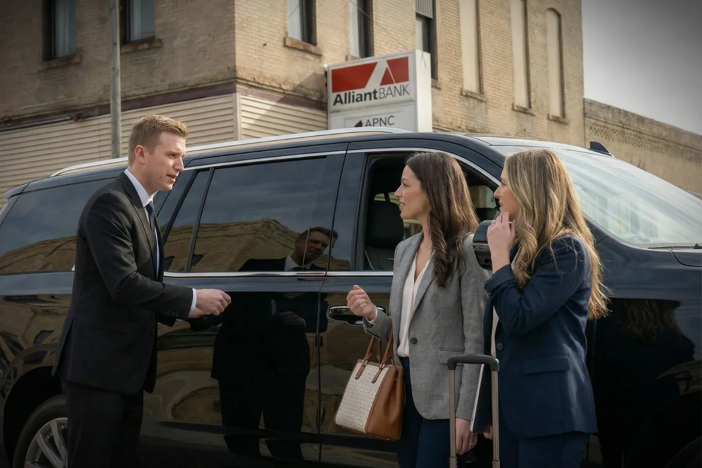 Missouri, MO car service luxury sedan with professional chauffeur assisting passenger at airport terminal