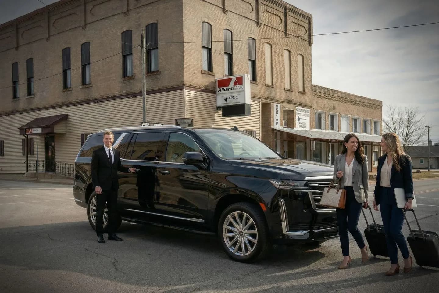 Chauffeur opening door for client using Missouri MO car service luxury black SUV downtown
