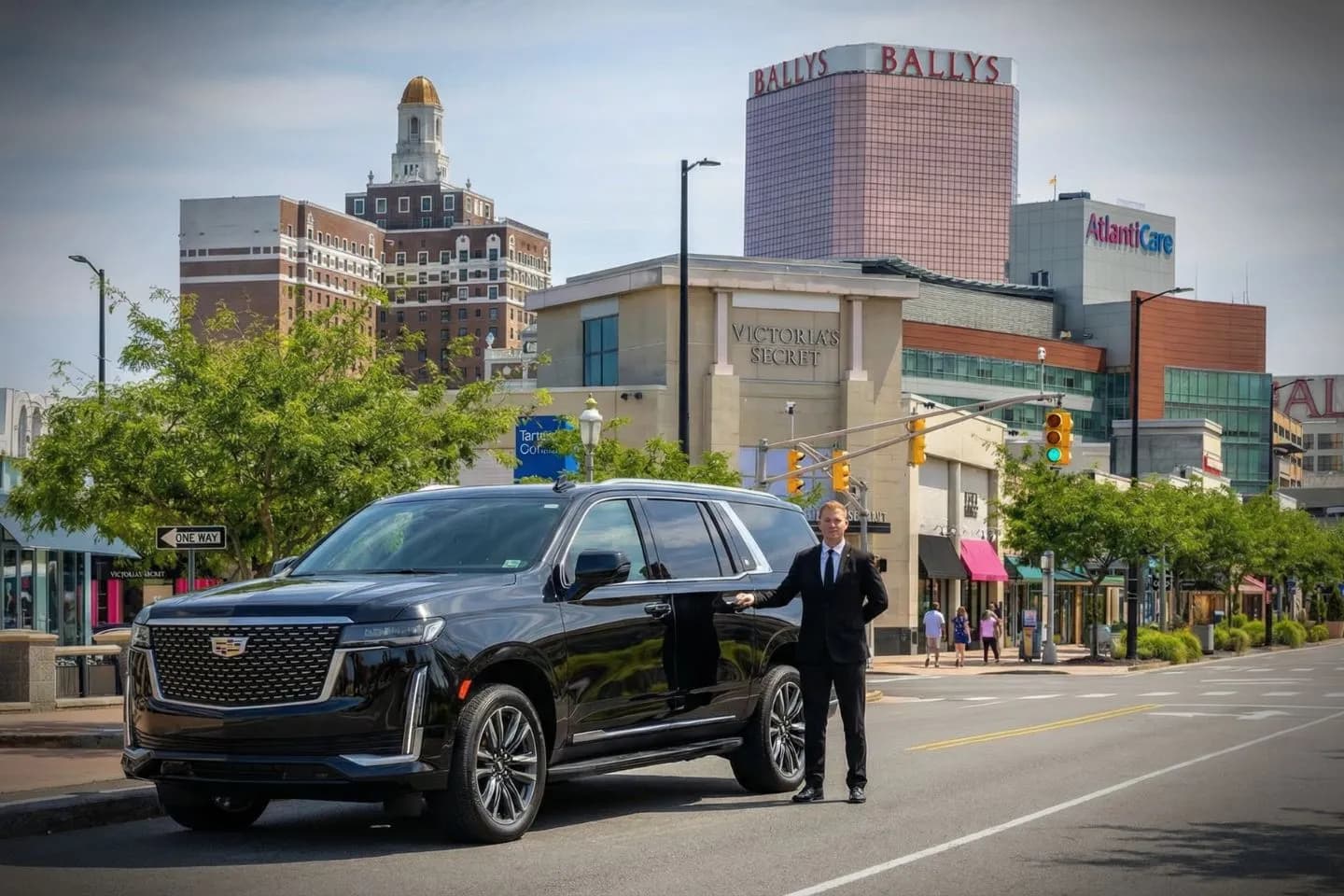 Atlantic NJ car service vehicle parked outside hotel for corporate pickup