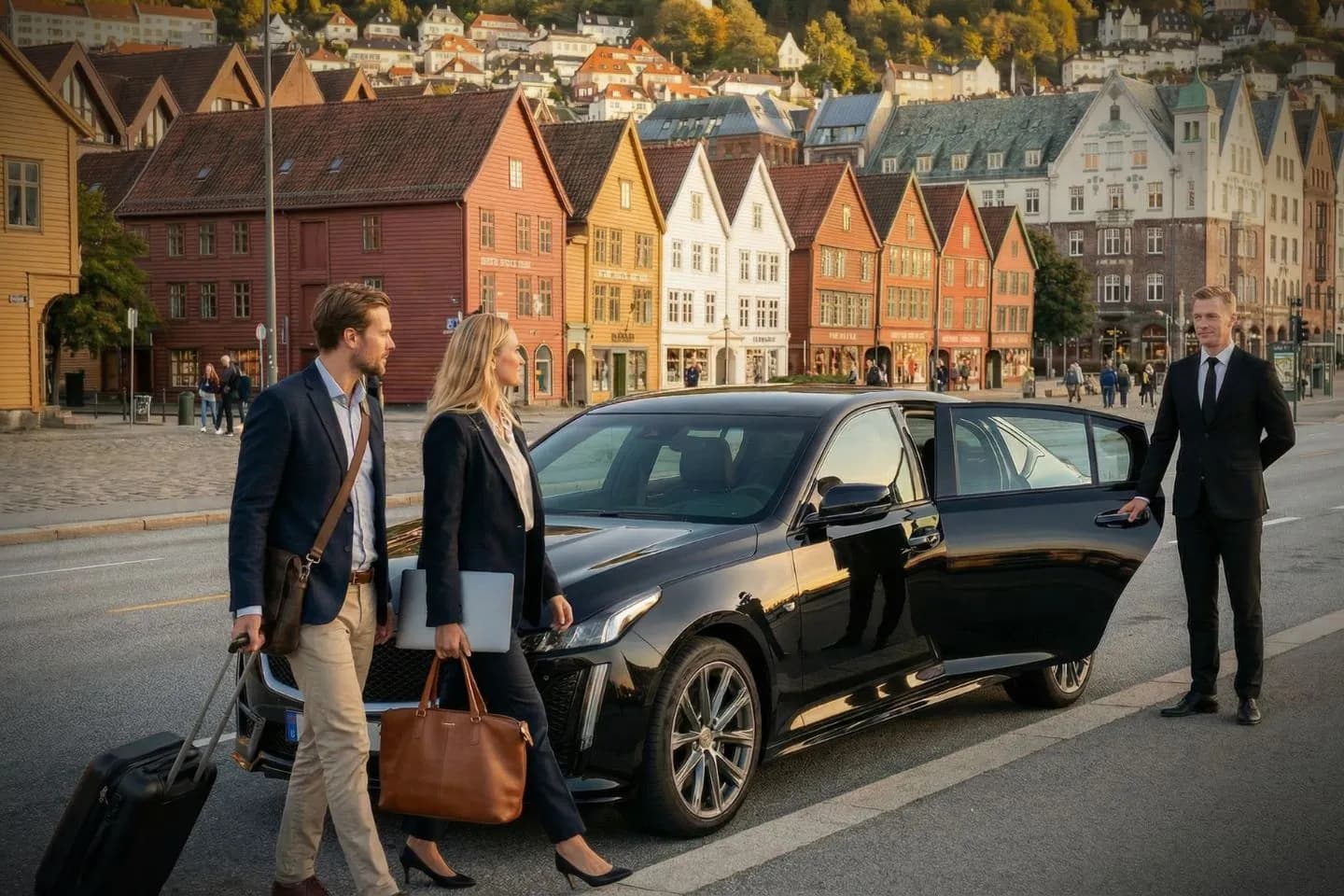 Executive Bergen NJ car service chauffeur opening door for client near corporate office