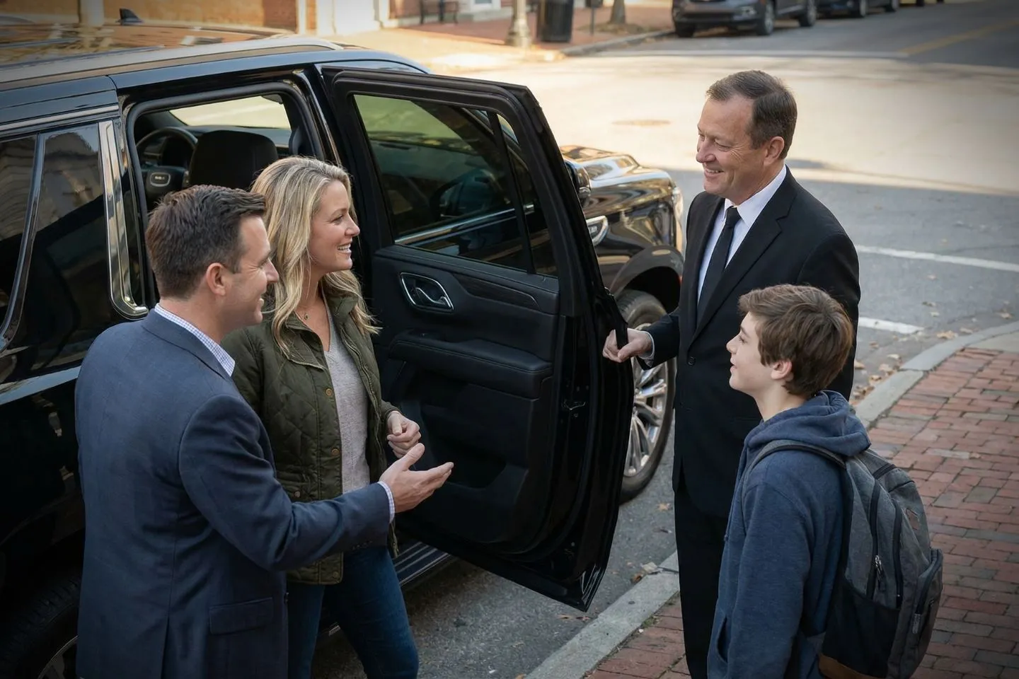 Executive chauffeur opening door for client using Burlington NJ car service luxury vehicle