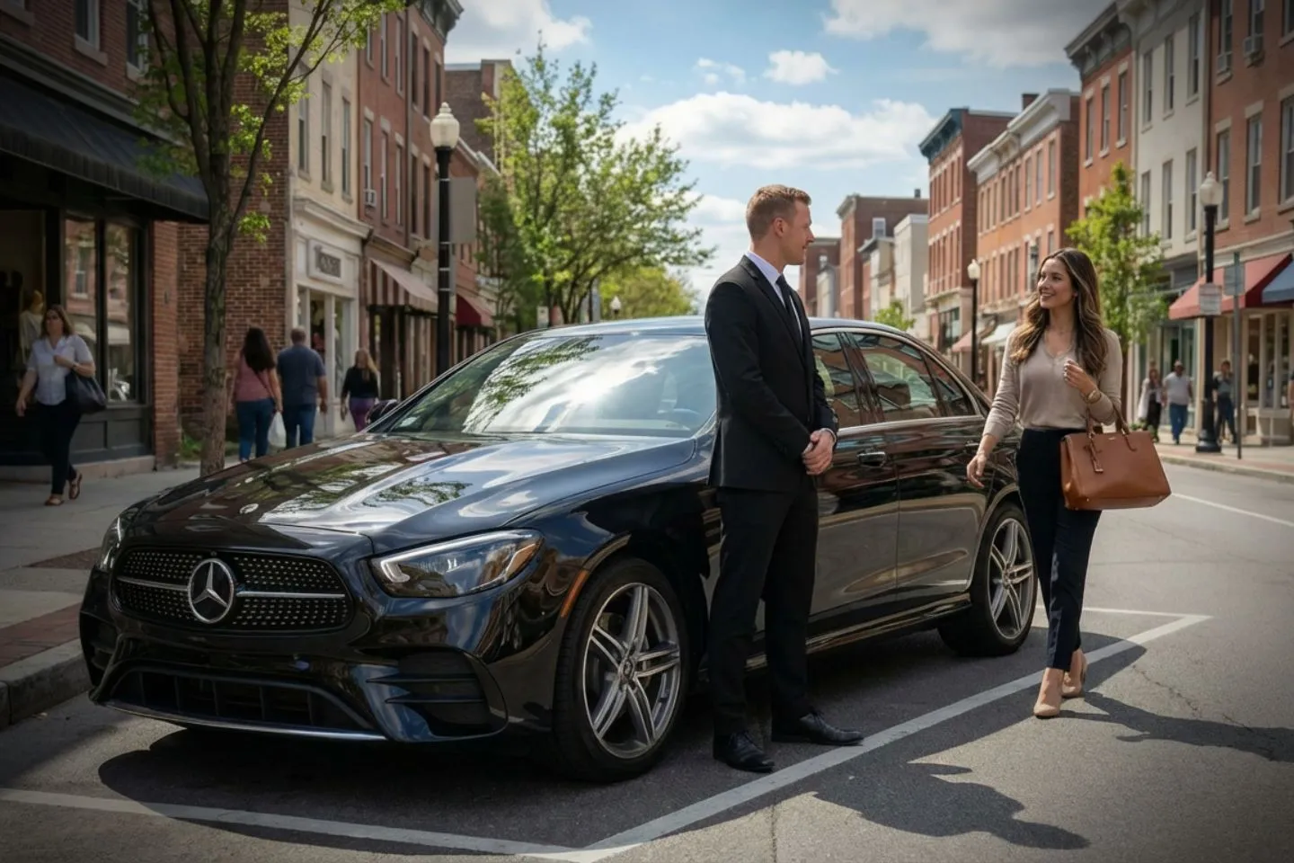Camden, NJ Car Service chauffeur opening luxury sedan door for corporate client in downtown Camden