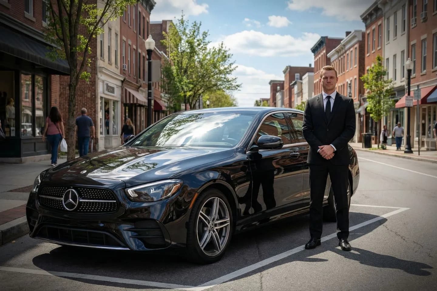 Airport transfer by Camden, NJ car service with driver loading luggage into luxury vehicle