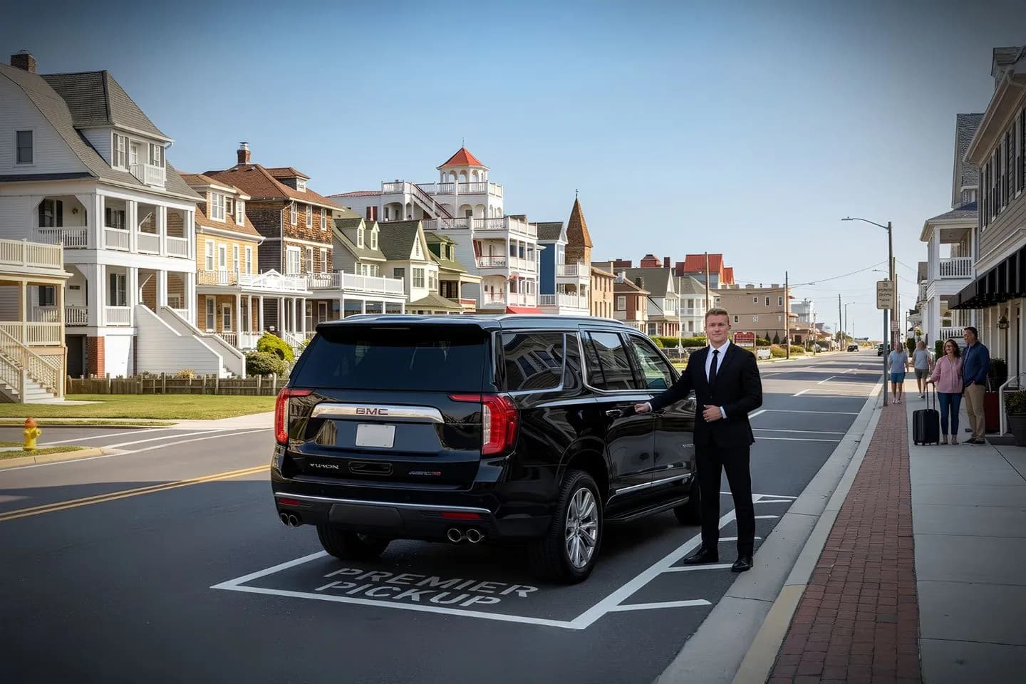Cape May, NJ car service luxury sedan with professional chauffeur assisting passenger near beachfront hotel