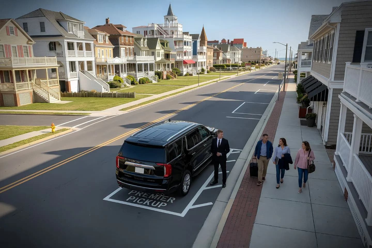 Chauffeur opening door for client using Cape May NJ car service outside historic downtown location
