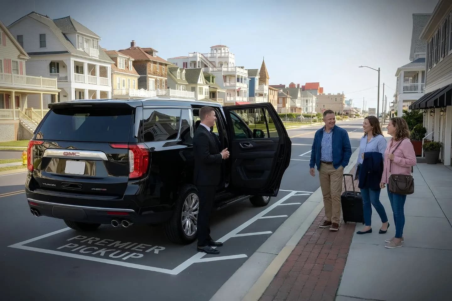 Airport transfer with Cape May NJ car service vehicle and driver handling luggage professionally