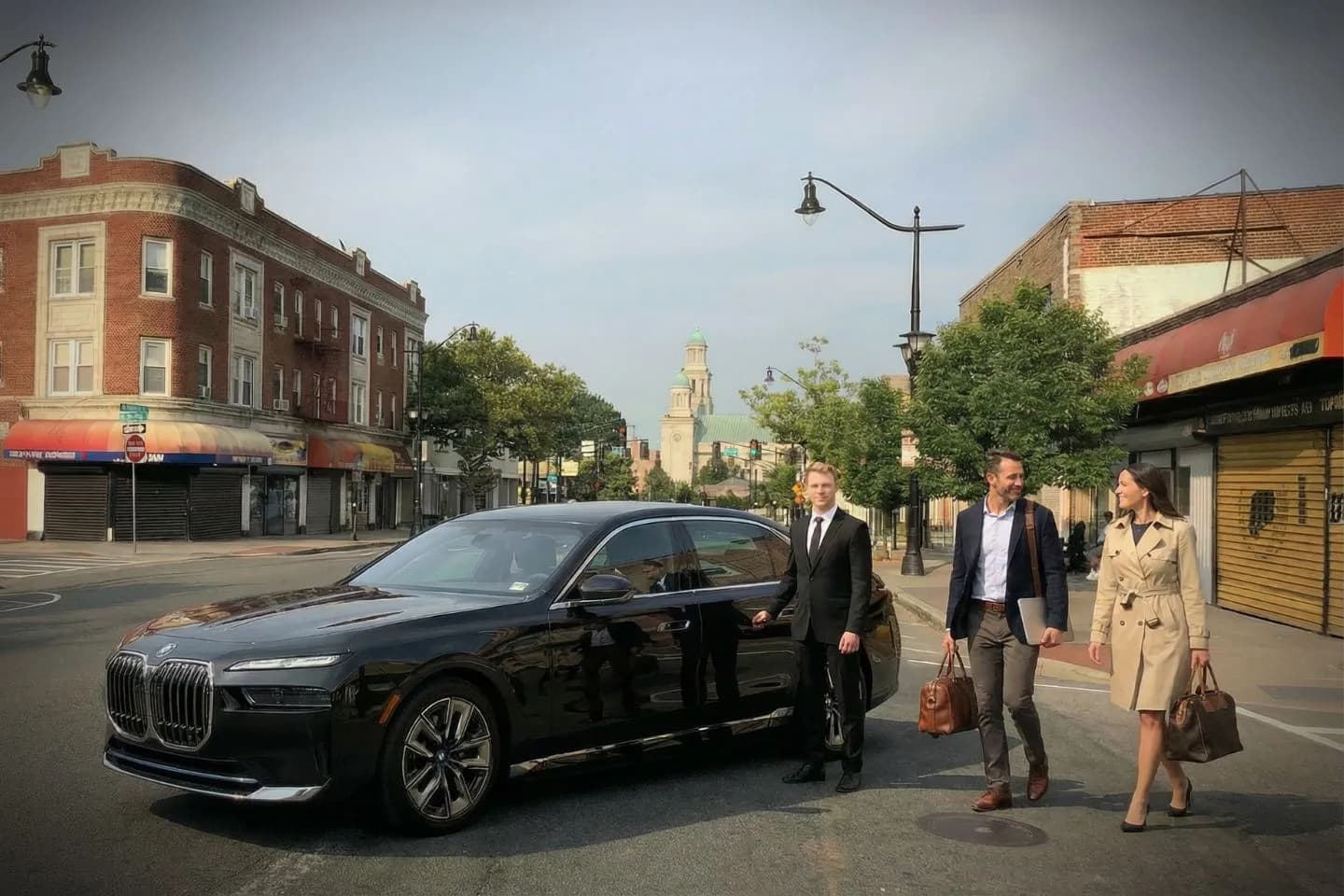 Professional chauffeur opening door for Essex NJ car service client near Newark Airport stylish vehicle