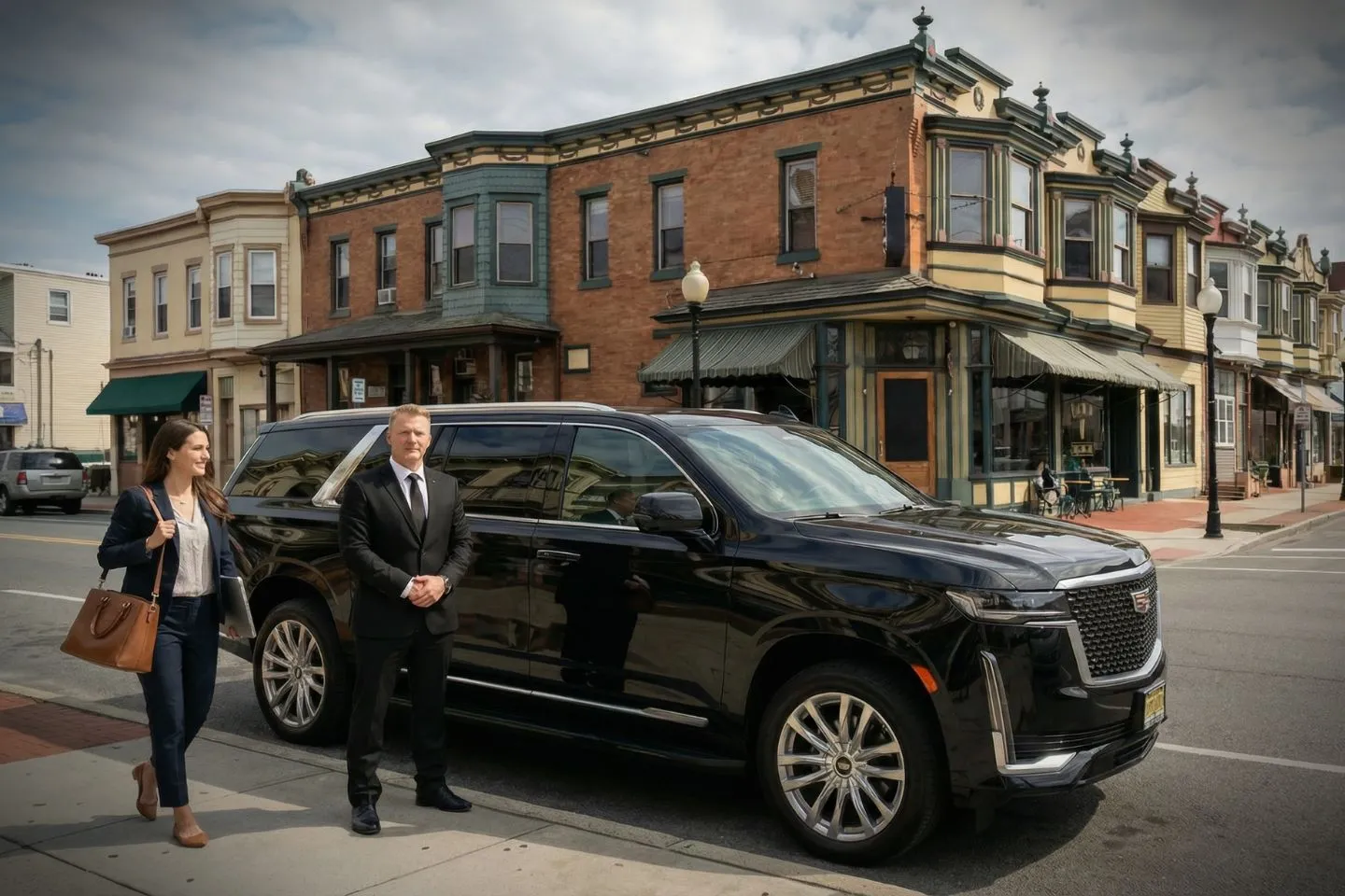 Business traveler using Gloucester NJ car service with chauffeur and premium sedan