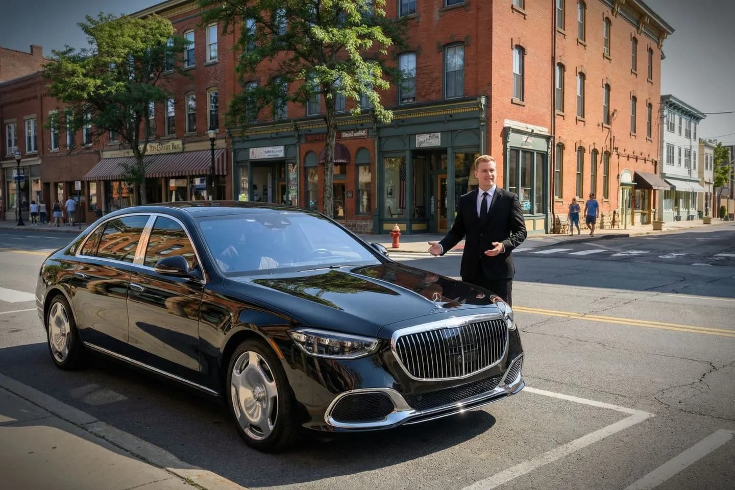 Chauffeur driven black car on scenic road in Hunterdon County NJ