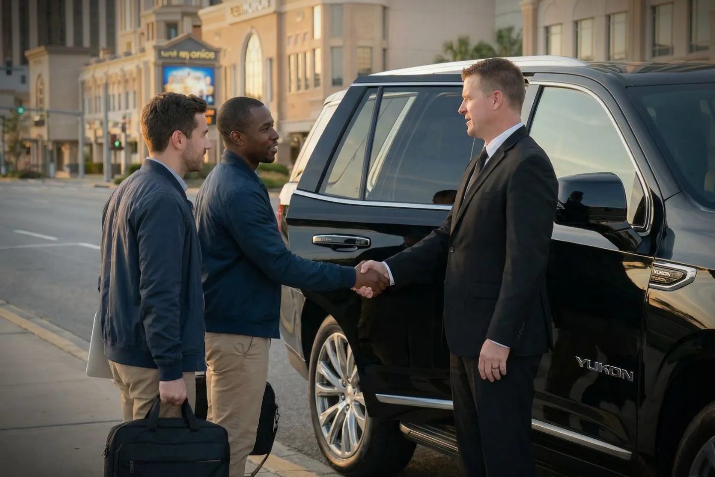 Professional chauffeur opening door for client using Mercer NJ car service in downtown Mercer area