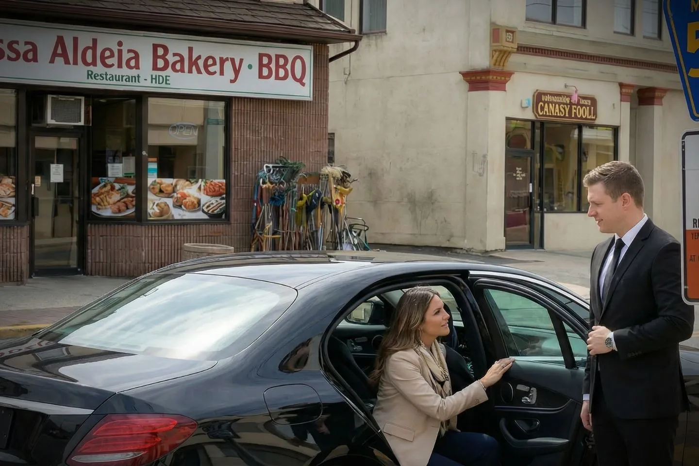 Chauffeur opening door for client using Middlesex NJ car service near corporate office building