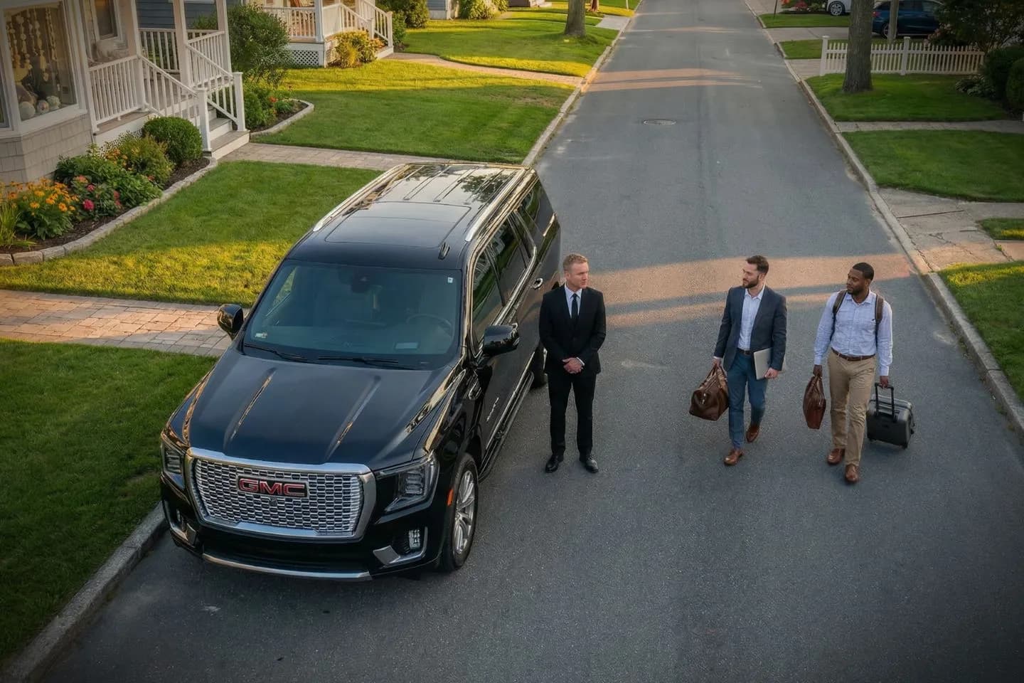 Chauffeur greeting passenger outside luxury sedan Ocean NJ Car Service
